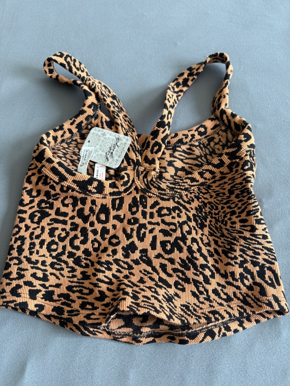 Free People Leopard Print Ribbed Crop Bralette in Tan & Black